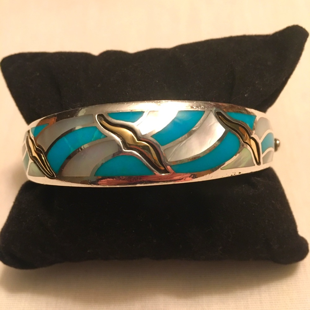 Asch Grossbardt Sterling 18K Gold Bangle Bracelet Turquoise & Mother of Pearl